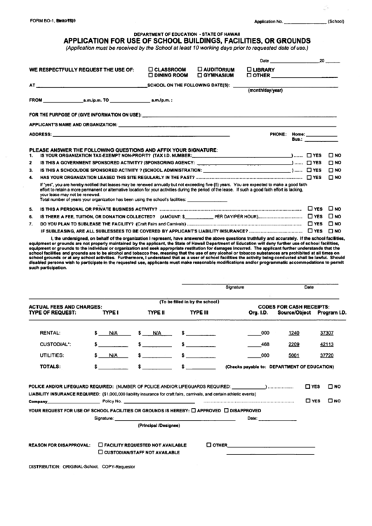 Fillable Form Bo-1 - Application For Use Of Dchool Buildings, Facilities Or Grounds (Hawaii) Printable pdf