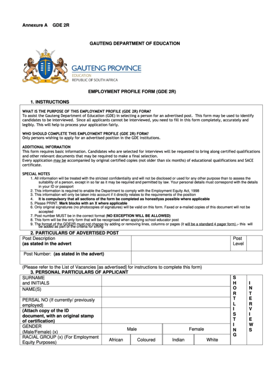 Employment Profile Form (Gde 2r) - Gauteng Department Of Education Printable pdf