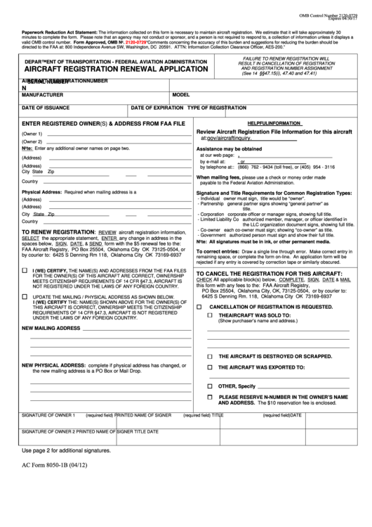 Fillable Ac Form 8050 1b Aircraft Registration Renewal Application 