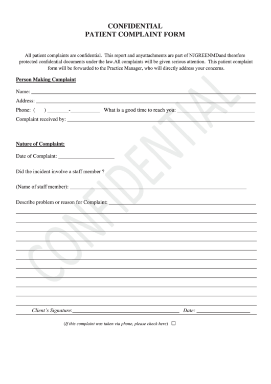 Confidential Patient Complaint Form Printable pdf