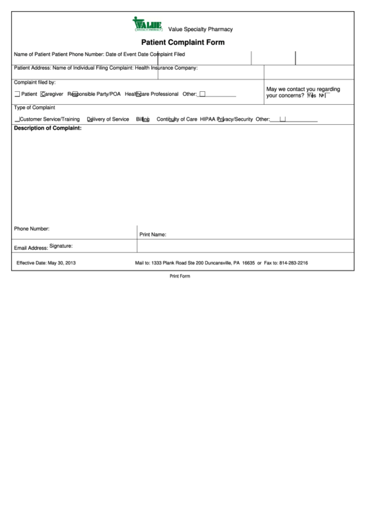 Fillable Patient Complaint Form Printable pdf