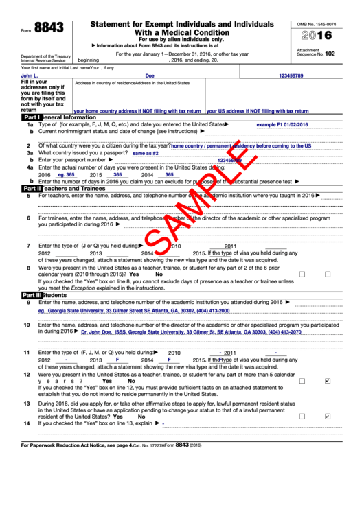 Fillable Form 8843 - Statement For Exempt Individuals And Individuals With A Medical Condition Printable pdf