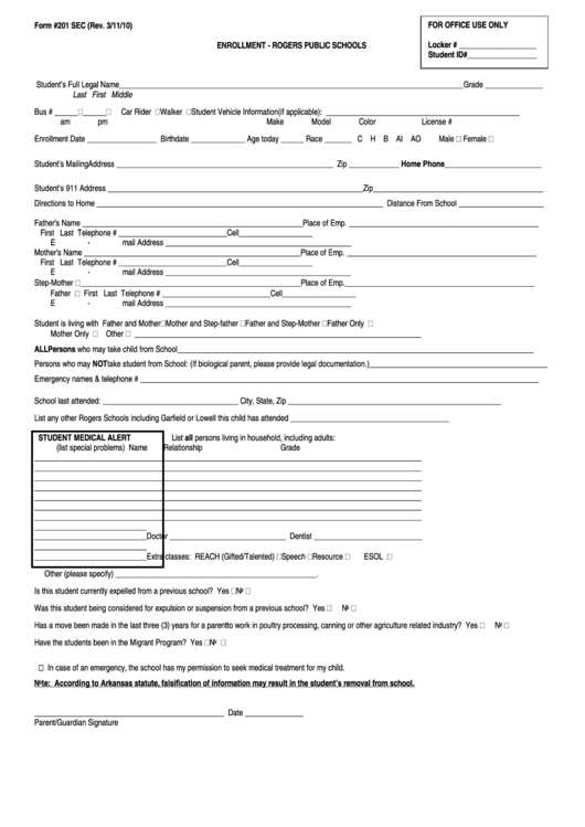 Fillable Form #201 Sec - Enrollment - Rogers Public Schools Printable pdf