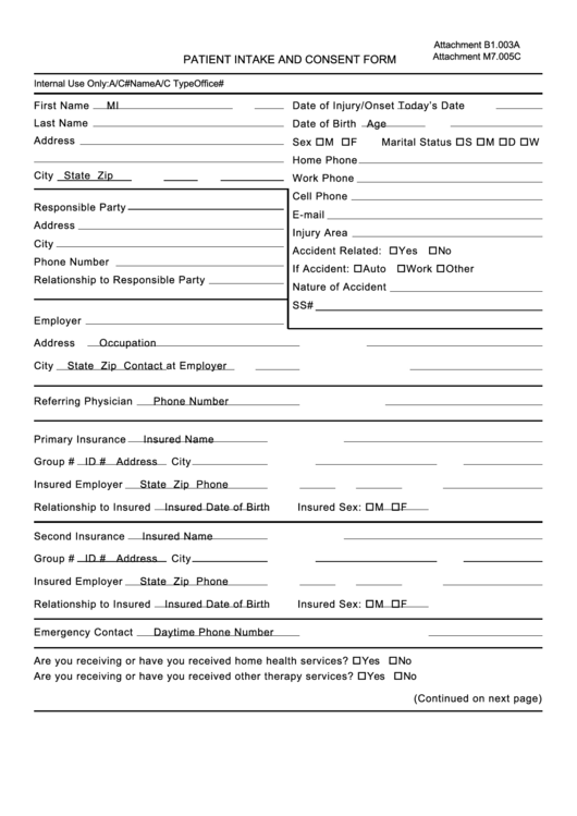 Patient Intake And Consent Form Printable pdf