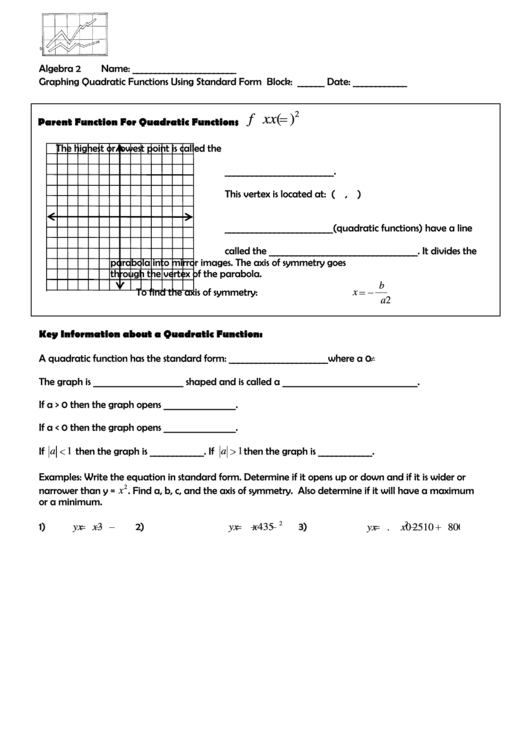 Graphing Quadratic Functions Using Standard Form Printable pdf