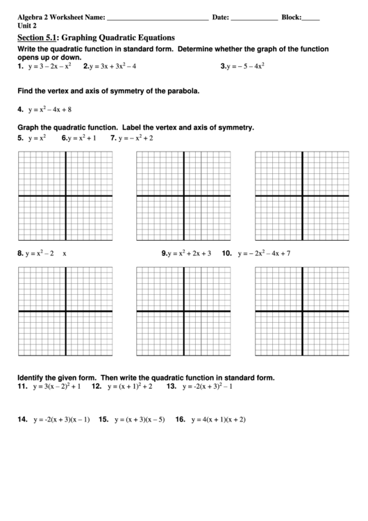 Graphing Quadratic Equations Printable Pdf Download