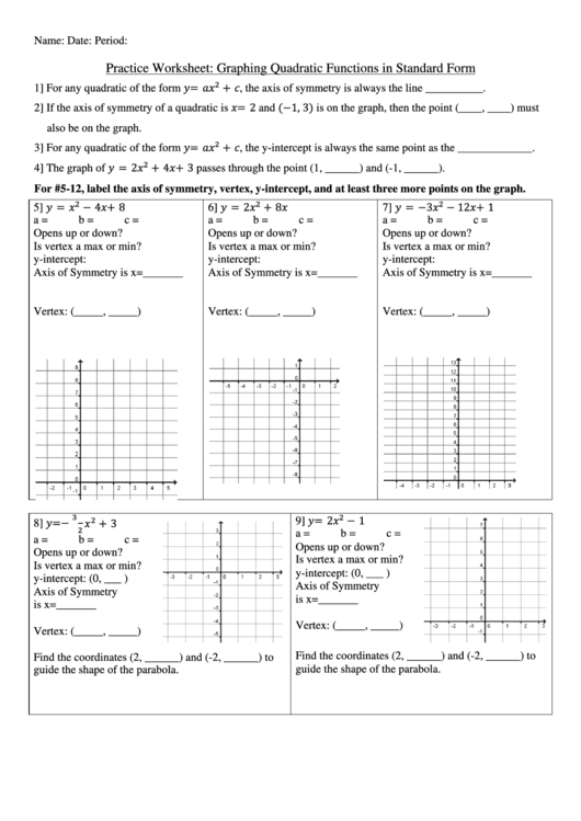 Practice Worksheet: Graphing Quadratic Functions In Standard Form Printable pdf