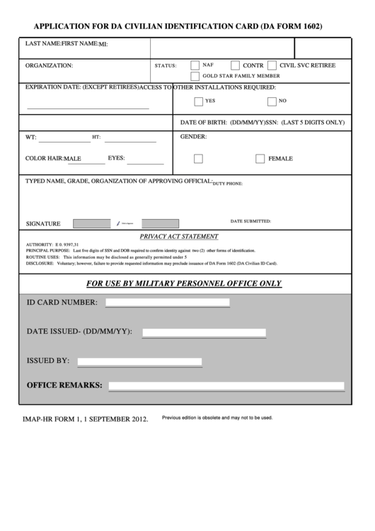 Application For Da Civilian Identification Card (Da Form 1602) Printable pdf