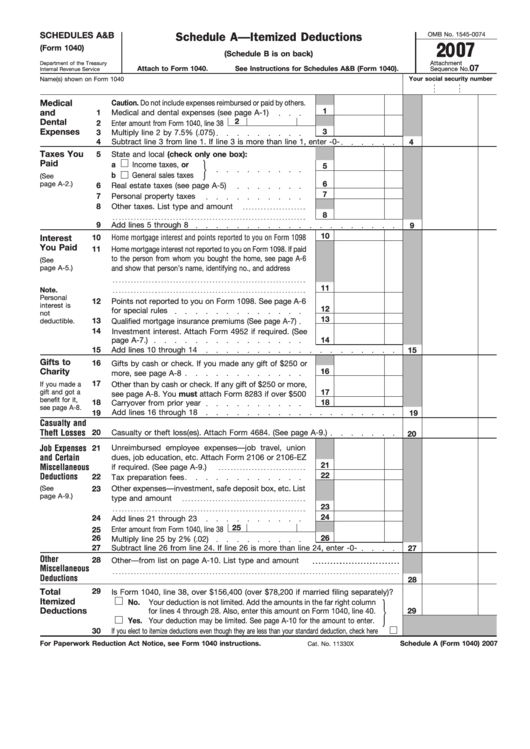 Fillable Schedules A&b (Form 1040) - Itemized Deductions, Interest And Ordinary Dividends - 2007 Printable pdf