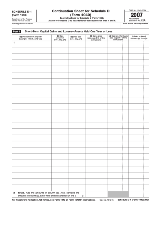 Fillable Schedule D-1 (Form 1040) - Continuation Sheet For Schedule D - 2007 Printable pdf