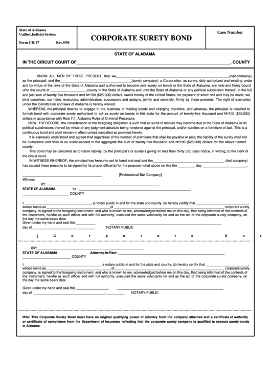 Fillable Form Cr-17 - Corporate Surety Bond (Unified Judicial System) Printable pdf