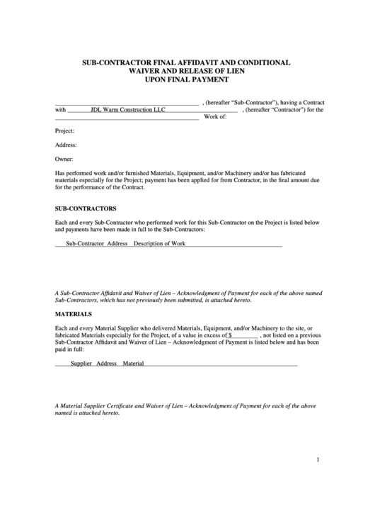 Sub-contractor Final Affidavit Form And Conditional Waiver And Release Of Lien Upon Final Payment (sample)