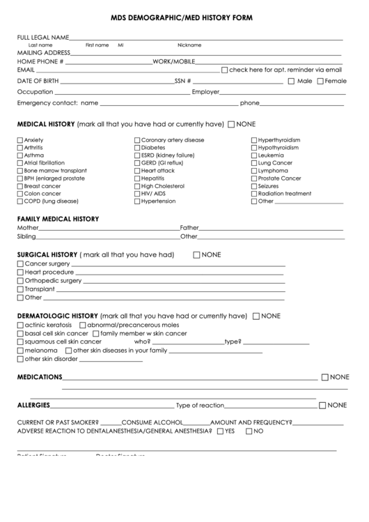 Mds Demographic/med History Form printable pdf download