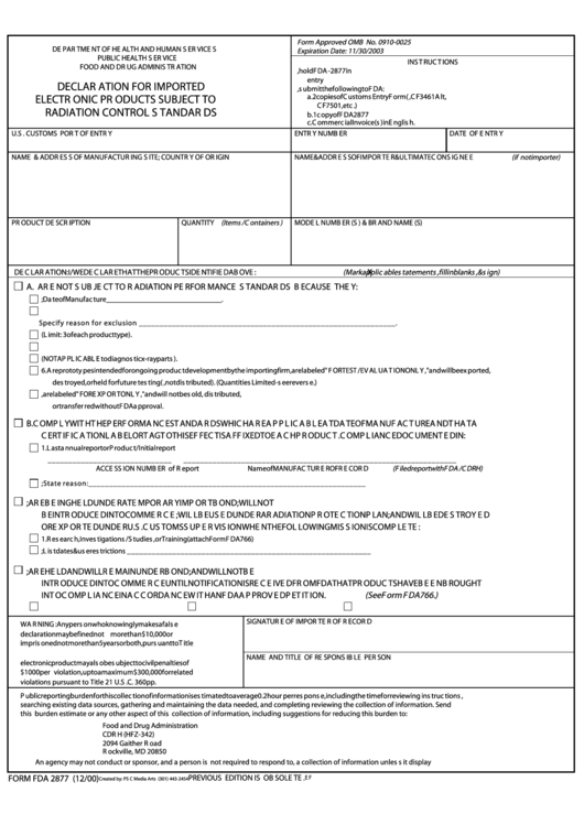 Fillable Form 2877 - Declaration For Imported Electronic Products Subject To Radiation Control Standards Printable pdf