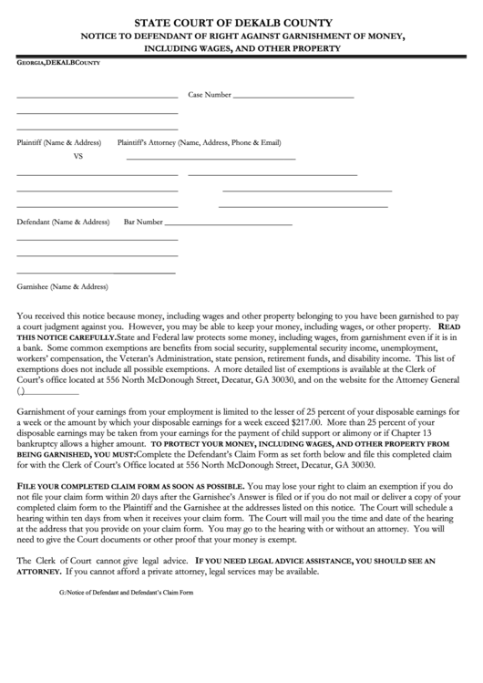 Notice To Defendant Of Right Against Garnishment Of Money, Including Wages, And Other Property - State Court Of Dekalb County Printable pdf