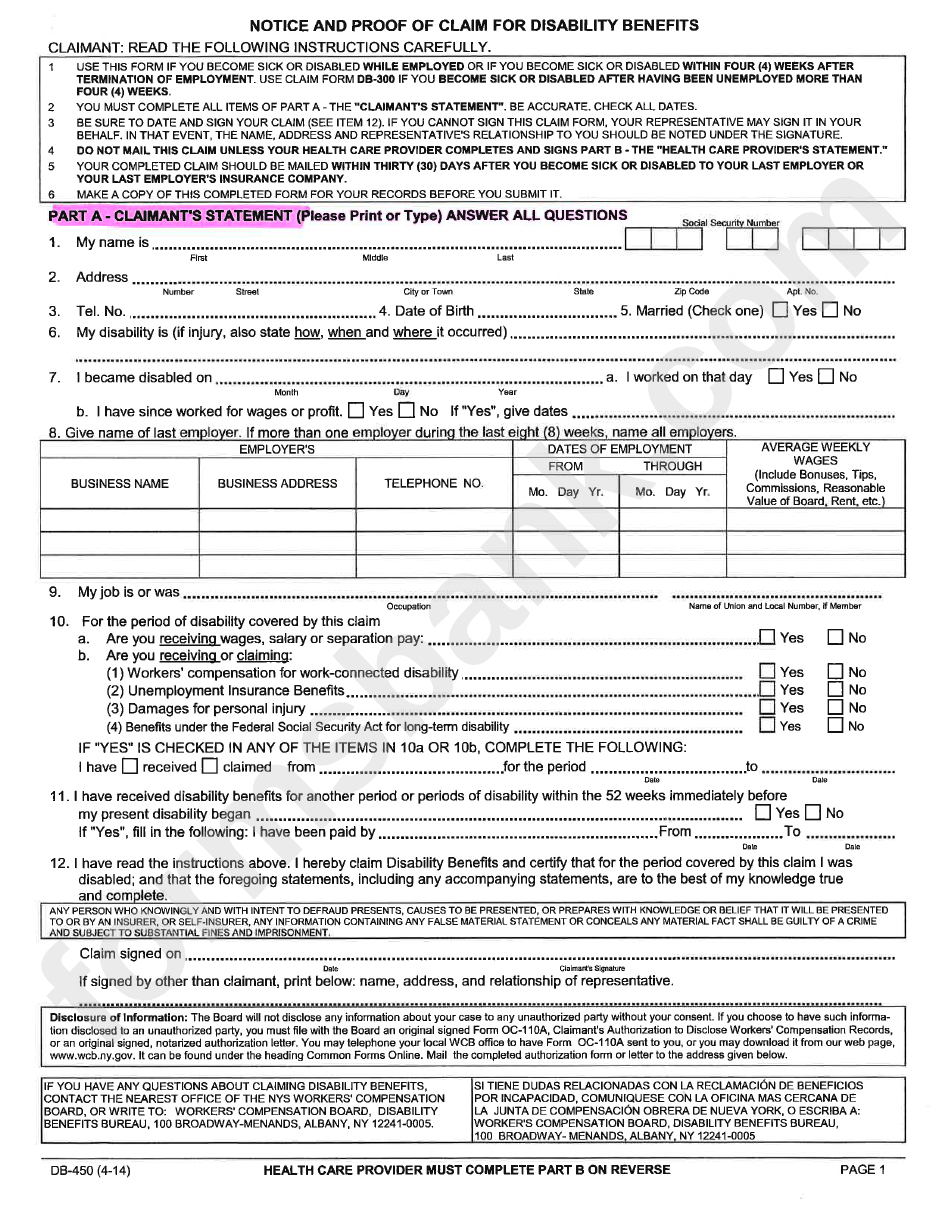 Db-450 Form - Notice And Proof Of Claim For Disability Benefits