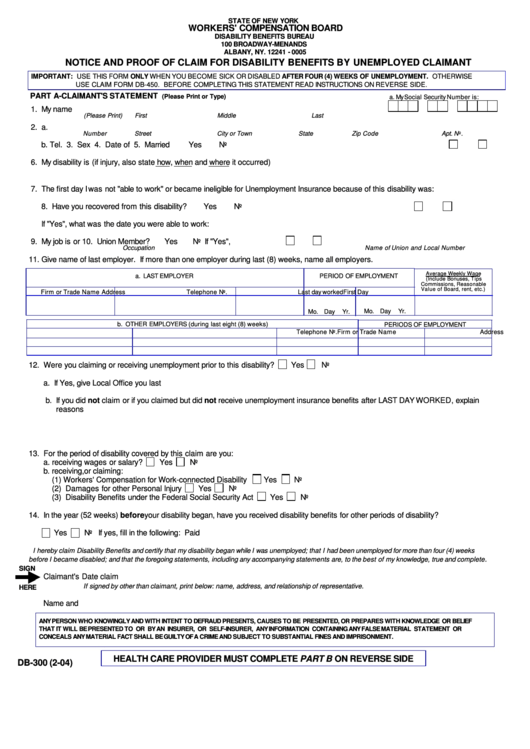 Db-300 Form - Notice And Proof Of Claim For Disability Benefits By Unemployed Claimant