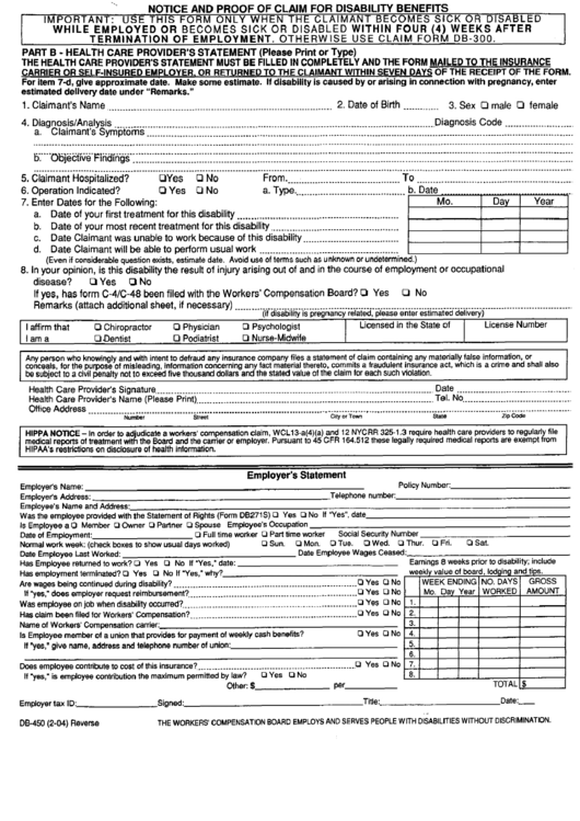 Db-450 Form - Notice And Proof Of Claim For Disability Benefits Printable pdf