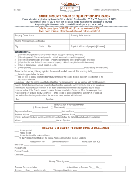 Fillable Garfield County "Board Of Equalization" Application Printable pdf
