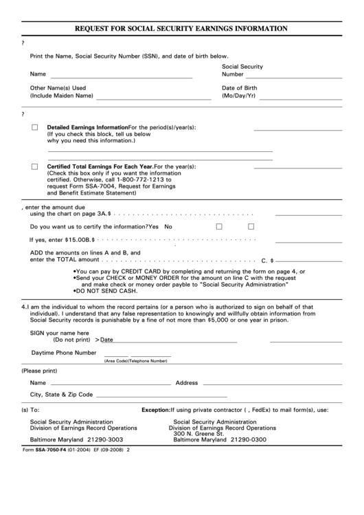Request For Social Security Earnings Information Printable pdf