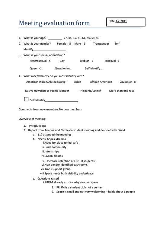 Meeting Evaluation Form Printable pdf