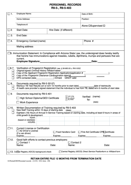 Fillable Ccl Form 256 - Personnel Records Printable pdf