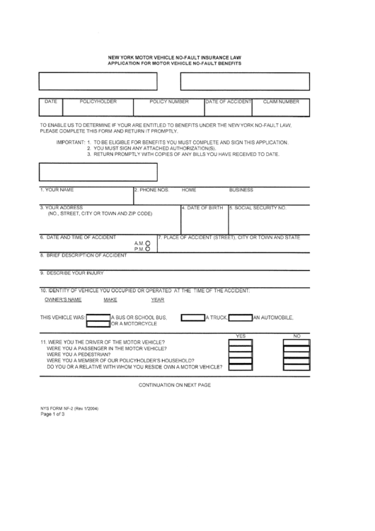 Nys Form Nf-2 - Application For Motor Vehicle No-Fault Benefits Printable pdf