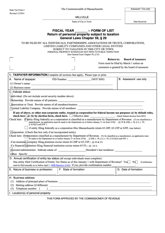 Fillable State Tax Form 2 - Return Of Personal Property Subject To Taxation (2014) Printable pdf