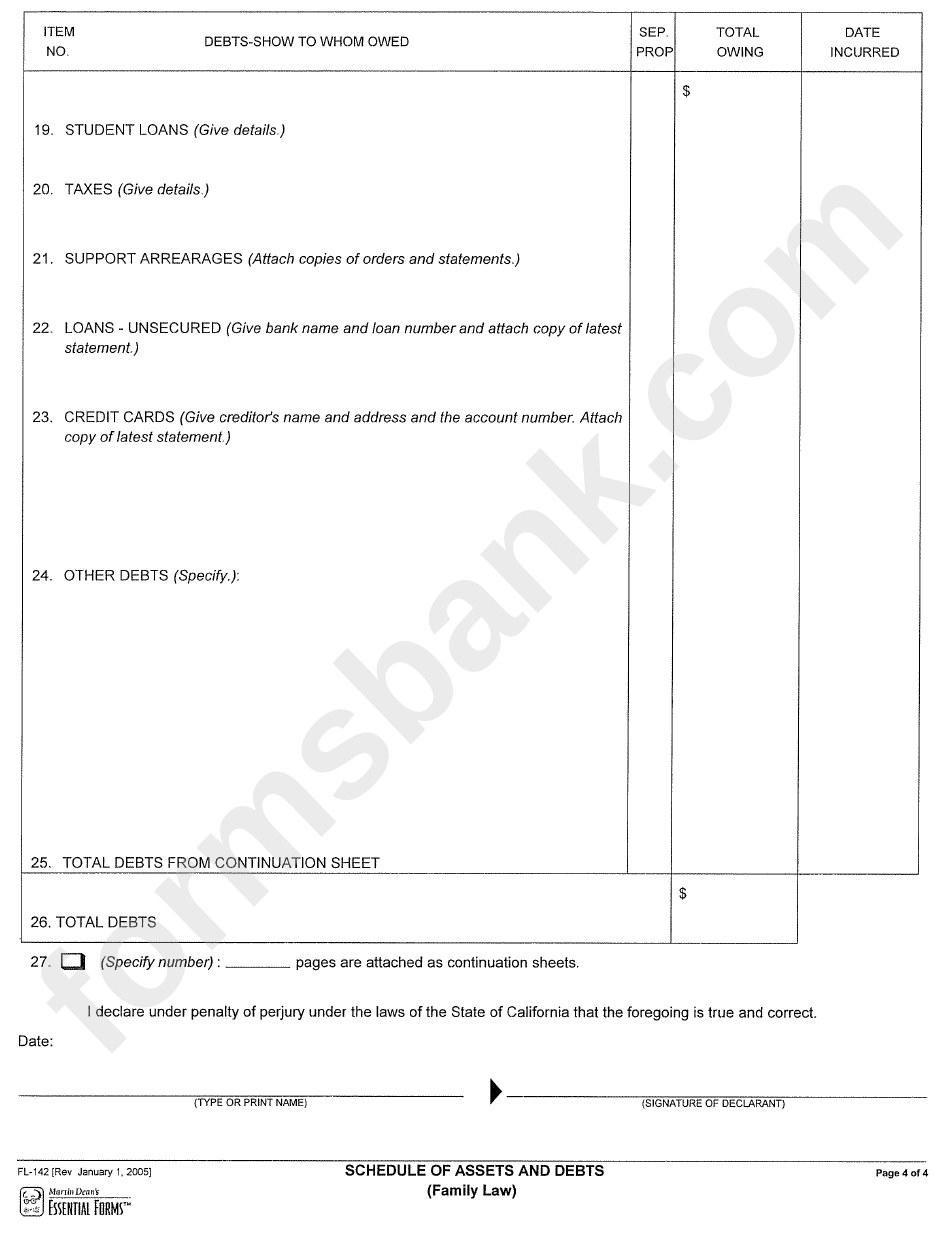 Fl-142 - Schedule Of Assets And Debts