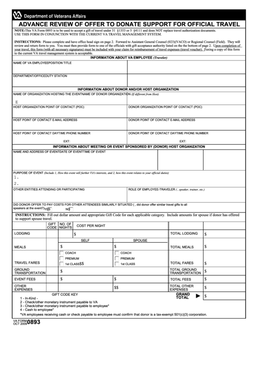 Fillable Va Form 0893 - Advance Review Of Offer To Donate Support For Official Travel Printable pdf