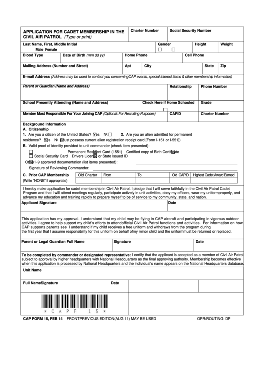 Fillable Cap Form 15 - Application For Cadet Membership In The Civil Air Patrol Printable pdf