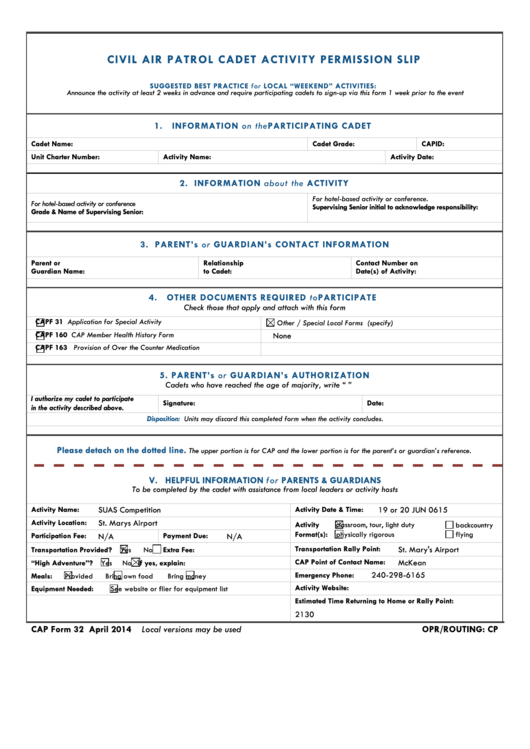 Cap Form 32 - Civil Air Patrol Cadet Activity Permission Slip Printable pdf