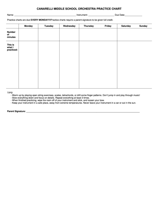 Canarelli Middle School Orchestra Practice Chart Printable pdf