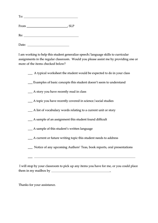 Teacher Collaboration Form - Speech/language Skills Printable pdf
