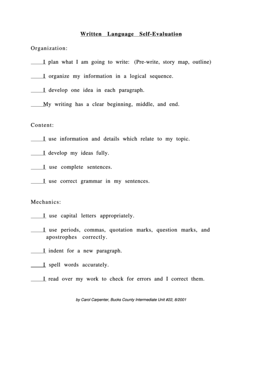 Written Language Self-Evaluation Printable pdf