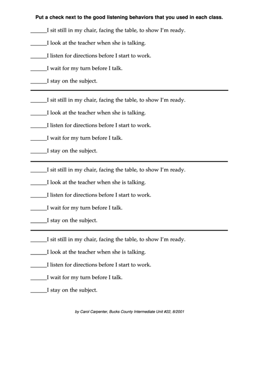 Listening Behavior Self Check Printable pdf
