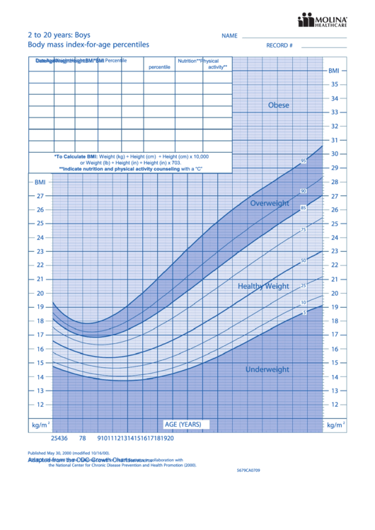 2 To 20 Years: Boys Body Mass Index-For-Age Percentiles - Molina Printable pdf