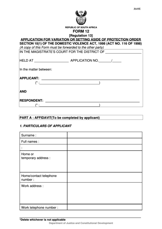 Form 12 - Application For Variation Or Setting Aside Of Protection Order - South Africa