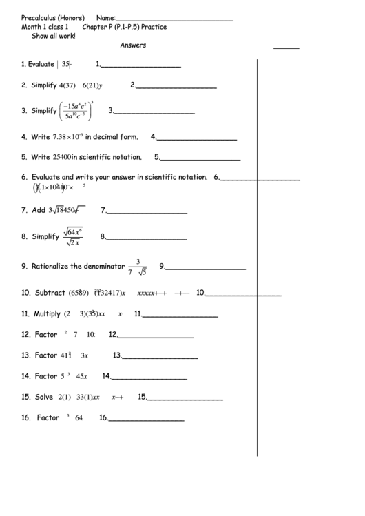 Precalculus Worksheet Printable pdf