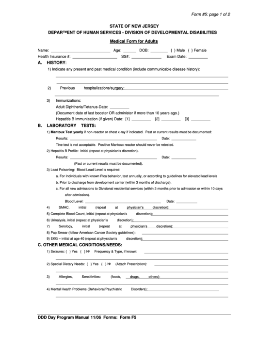 Medical Form For Adults - New Jersey Printable pdf