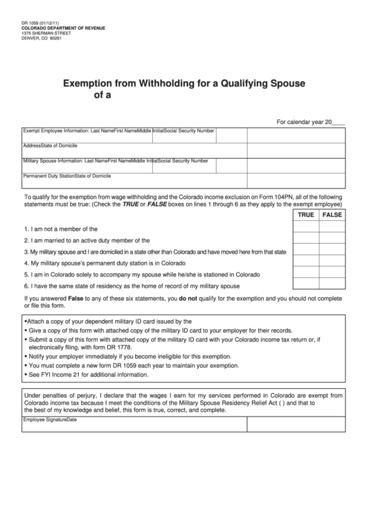 Dr 1059 - Exemption From Withholding For A Qualifying Spouse Of A U.s. Armed Forces Servicemember - Colorado Department Of Revenue Printable pdf