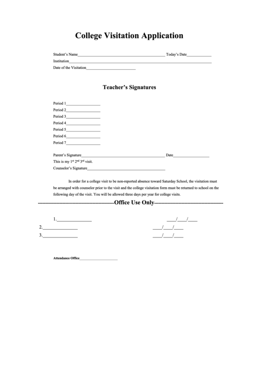 College Visitation Application Printable pdf