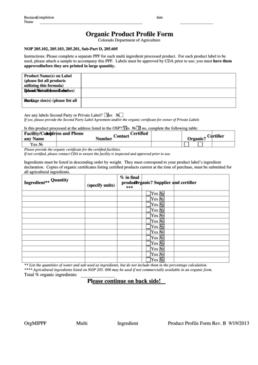 Organic Product Profile Form Printable pdf