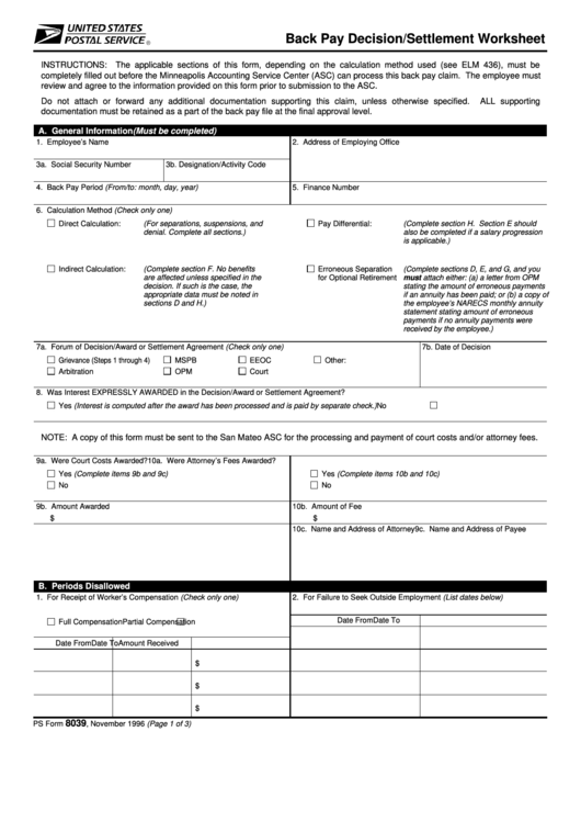 Ps Form 8039 - Back Pay Decision/settlement Worksheet Printable pdf