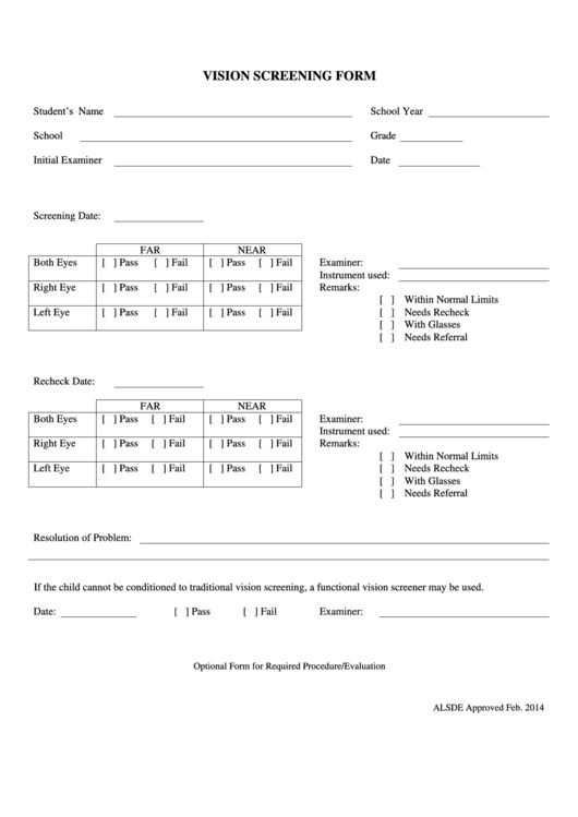 Vision Screening Form Printable Pdf Download