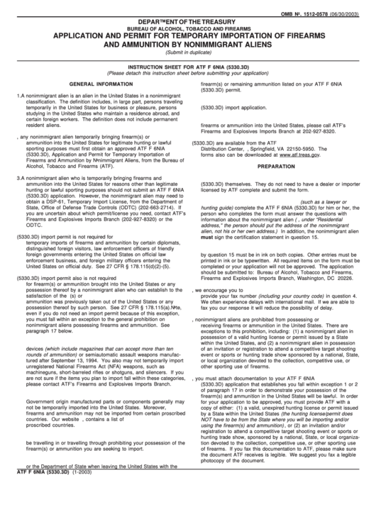 Atf 6 Nia, 2003, Application And Permit For Temporary Importation Of Firearms Printable pdf