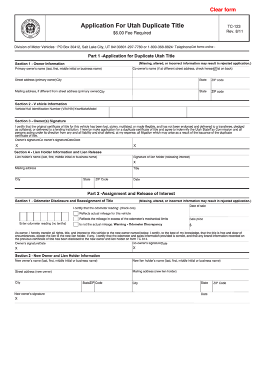 Fillable Form Tc-123 - Application For Utah Duplicate Title Printable pdf