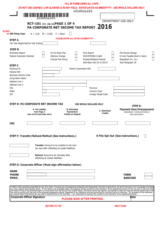 Fillable Form Rct-101 - Pa Corporate Net Income Tax Report - 2016 Printable pdf
