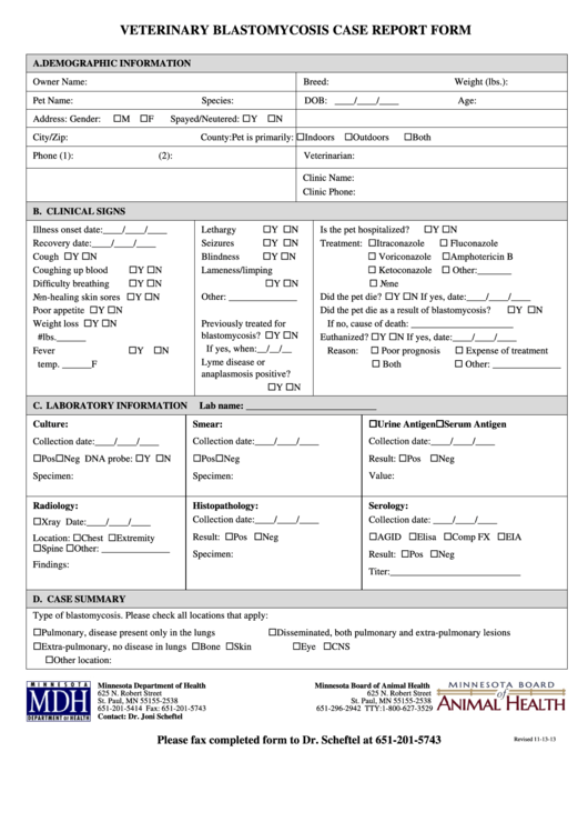Veterinary Blastomycosis Case Report Form Printable pdf