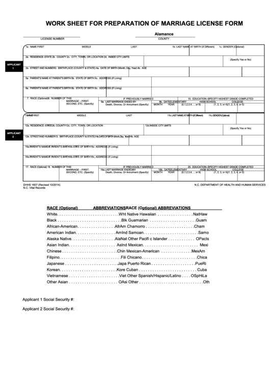 Fillable Work Sheet For Preparation Of Marriage License Printable pdf